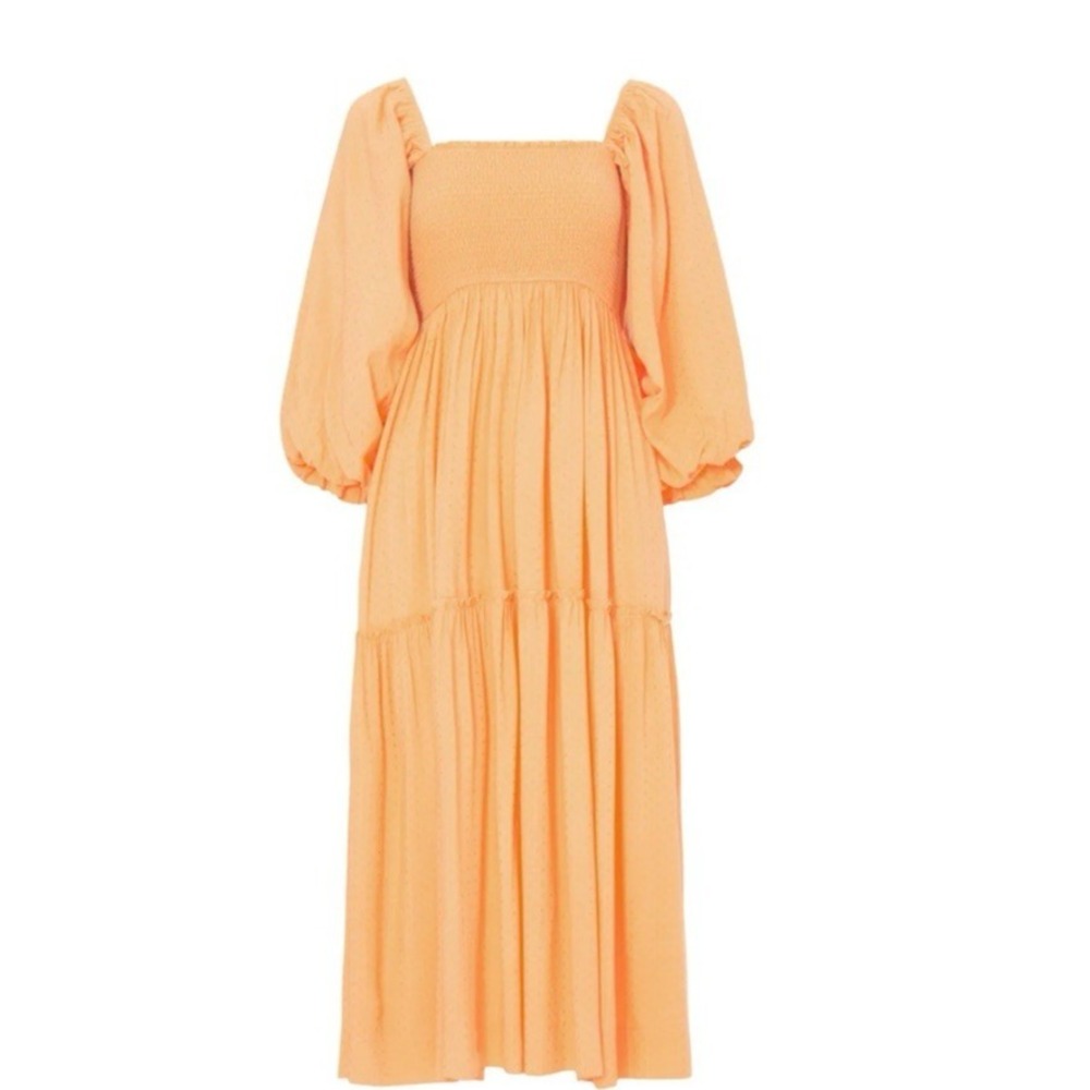 Rent the Runway LOUNA Orange Midi Dress Baby Doll Puff Sleeves Gauze Texture S/M